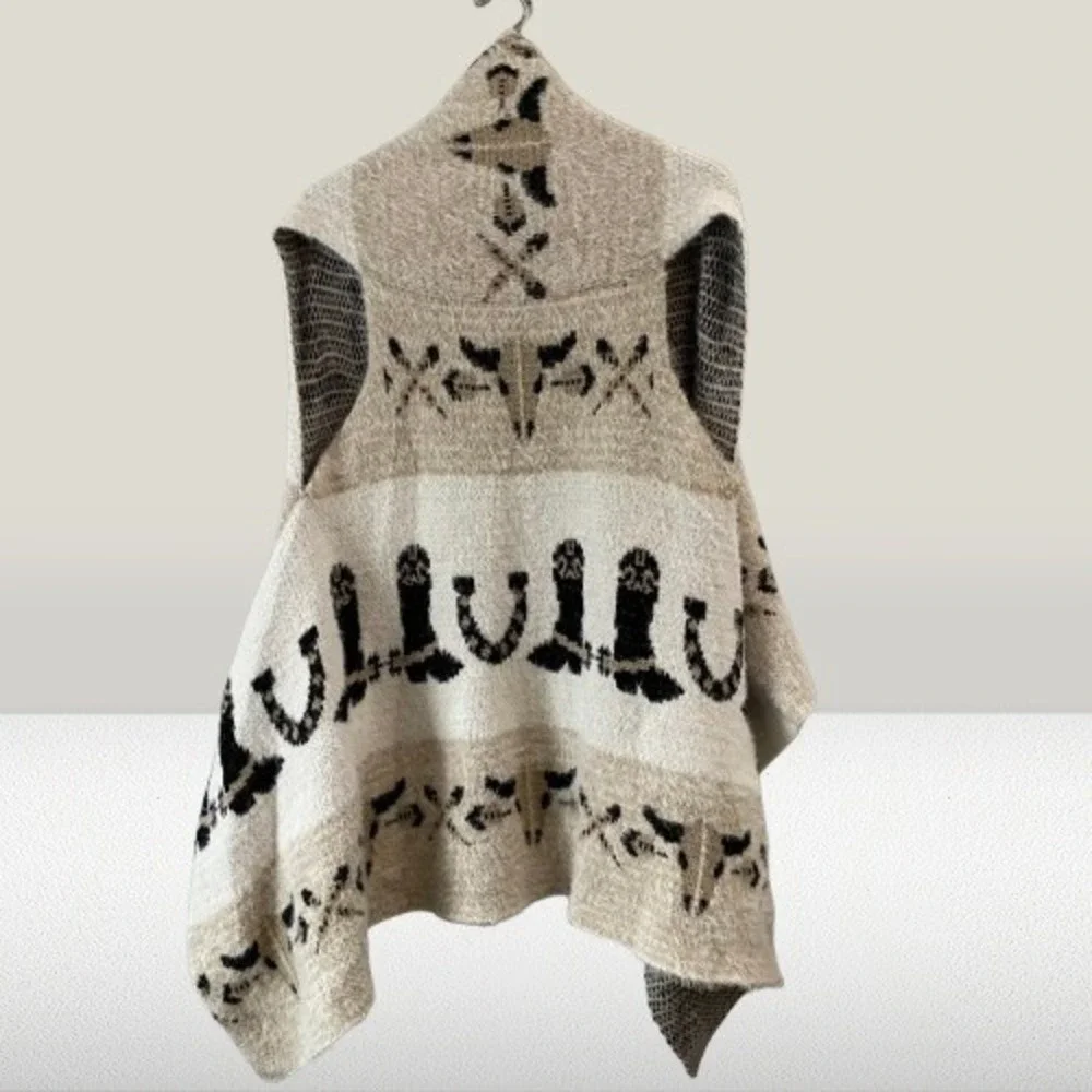 Western Boho Long Open Front Cardigan Sweater Tan One Size‎